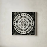 Black Textured Medallion by Silvia Vassileva. Shown in a crisp white glass frame for a clean and minimalist style. Available as an archival giclee rolled canvas, fine art paper, or poster print. SKU 61847a.