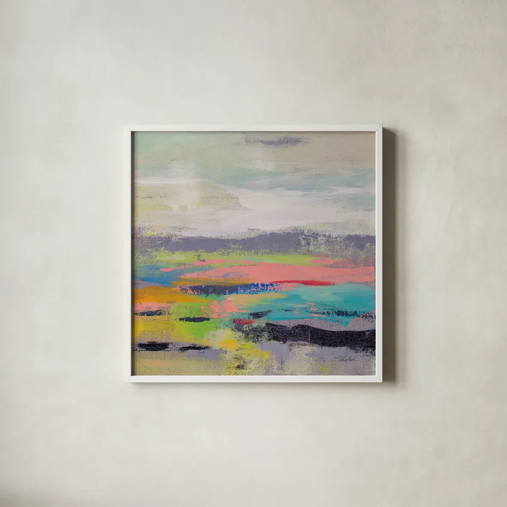 Blooming Field I by Silvia Vassileva. Shown in a crisp white glass frame for a clean and minimalist style. Available as an archival giclee rolled canvas, fine art paper, or poster print. SKU 79159a.