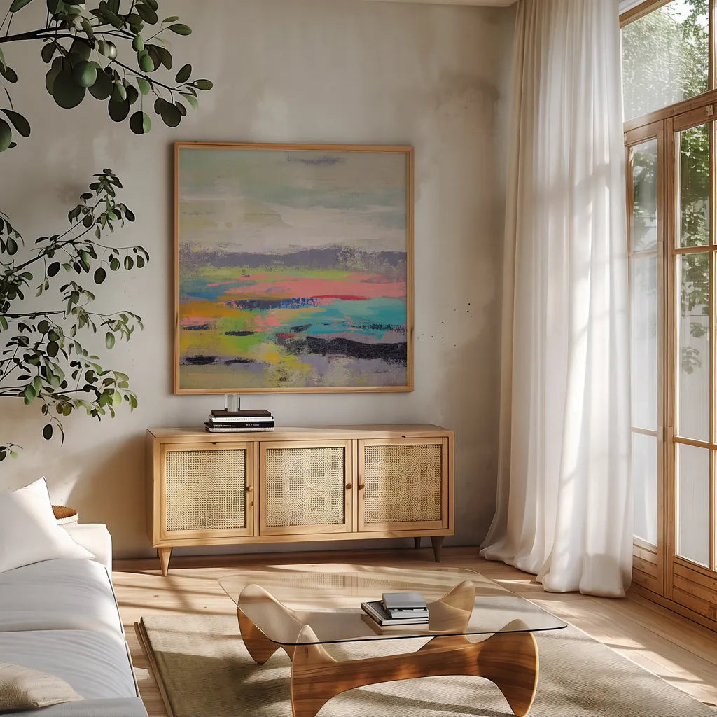 Blooming Field I by Silvia Vassileva. Shown in a natural wood frame in a cozy modern living room. Available as an archival giclee rolled canvas, fine art paper, or poster print. SKU 79159a.