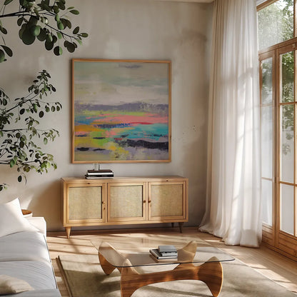 Blooming Field I by Silvia Vassileva. Shown in a natural wood frame in a cozy modern living room. Available as an archival giclee rolled canvas, fine art paper, or poster print. SKU 79159a.