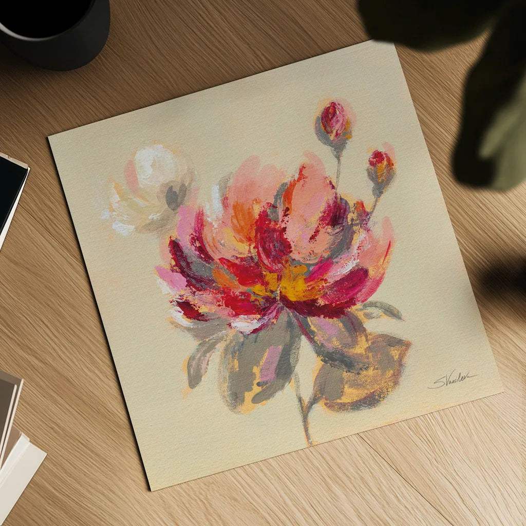 Blooming Peony I by Silvia Vassileva. Shown as a detailed flat fine art print, highlighting archival giclee quality. Available as an archival giclee rolled canvas, fine art paper, or poster print. SKU 80515a.