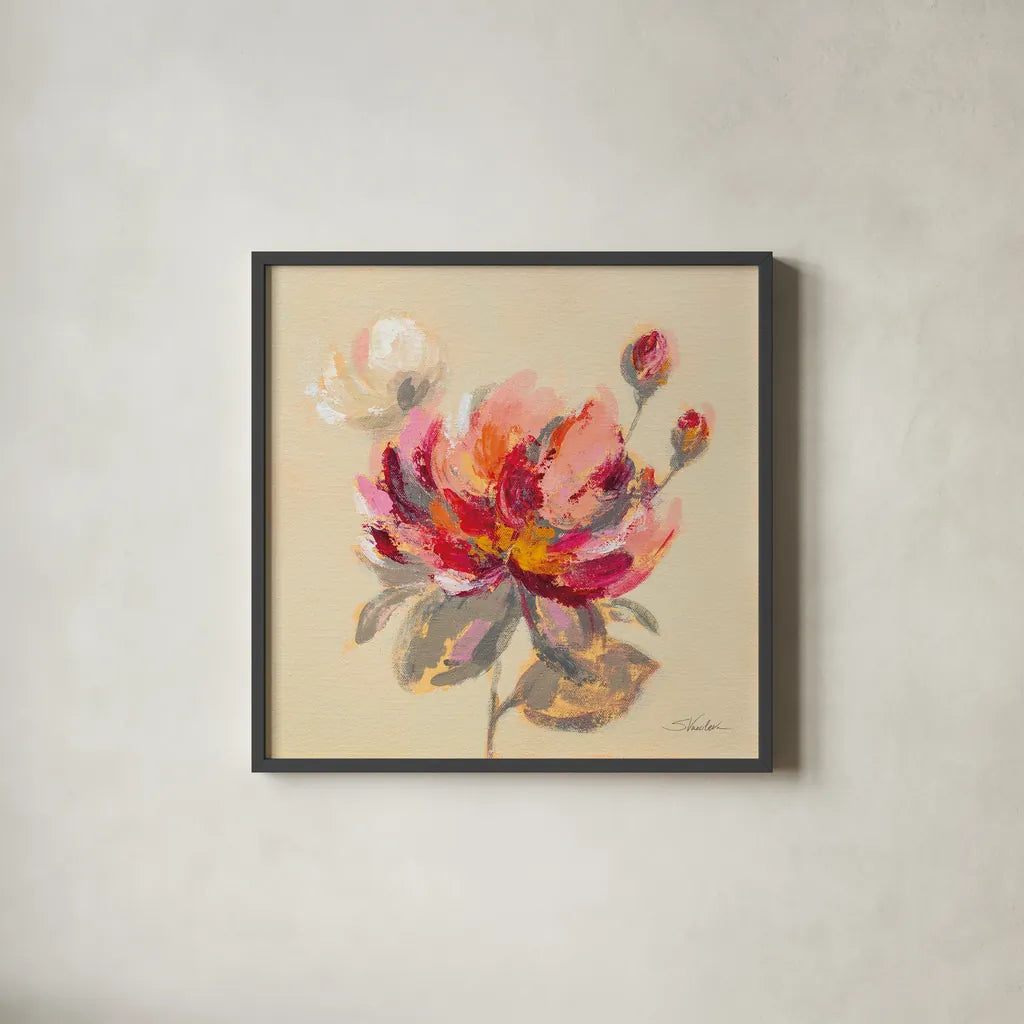 Blooming Peony I by Silvia Vassileva. Shown in a sleek black glass frame for a contemporary gallery look. Available as an archival giclee rolled canvas, fine art paper, or poster print. SKU 80515a.
