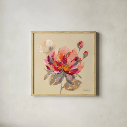 Blooming Peony I by Silvia Vassileva. Shown in a natural wood glass frame for a timeless modern aesthetic. Available as an archival giclee rolled canvas, fine art paper, or poster print. SKU 80515a.