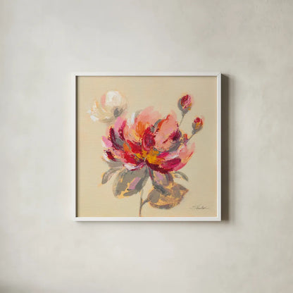 Blooming Peony I by Silvia Vassileva. Shown in a crisp white glass frame for a clean and minimalist style. Available as an archival giclee rolled canvas, fine art paper, or poster print. SKU 80515a.