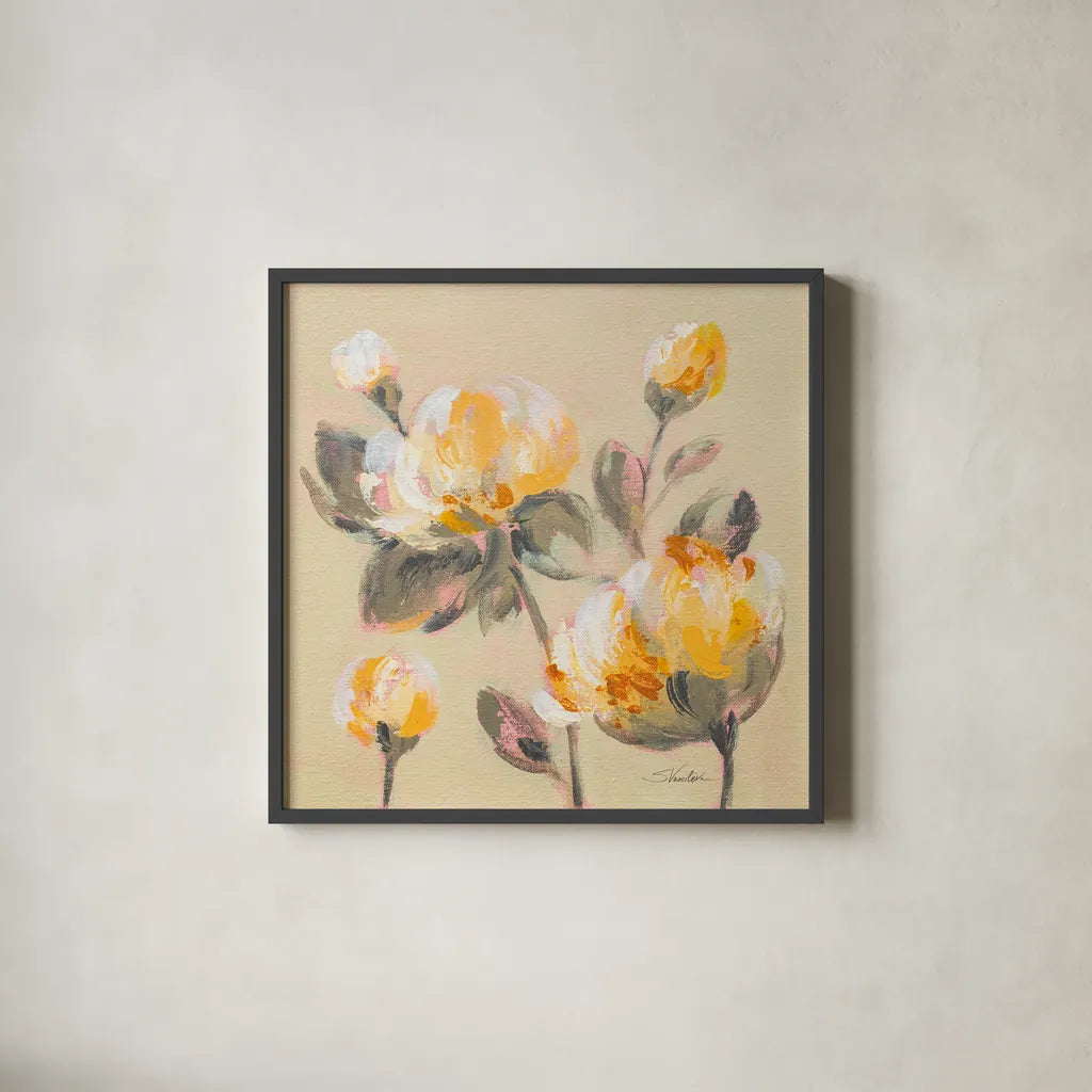 Blooming Peony II by Silvia Vassileva. Shown in a sleek black glass frame for a contemporary gallery look. Available as an archival giclee rolled canvas, fine art paper, or poster print. SKU 80516a.