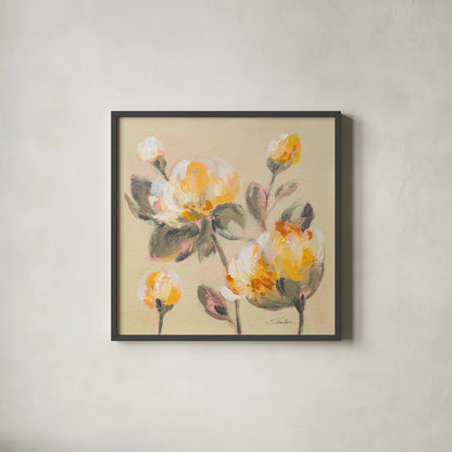 Blooming Peony II by Silvia Vassileva. Shown in a sleek black glass frame for a contemporary gallery look. Available as an archival giclee rolled canvas, fine art paper, or poster print. SKU 80516a.