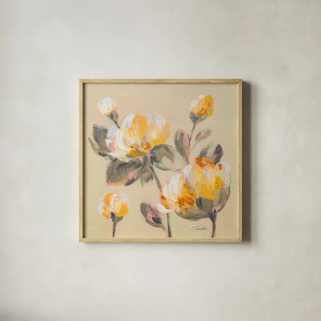 Blooming Peony II by Silvia Vassileva. Shown in a natural wood glass frame for a timeless modern aesthetic. Available as an archival giclee rolled canvas, fine art paper, or poster print. SKU 80516a.