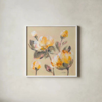 Blooming Peony II by Silvia Vassileva. Shown in a crisp white glass frame for a clean and minimalist style. Available as an archival giclee rolled canvas, fine art paper, or poster print. SKU 80516a.