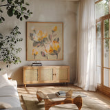 Blooming Peony II by Silvia Vassileva. Shown in a natural wood frame in a cozy modern living room. Available as an archival giclee rolled canvas, fine art paper, or poster print. SKU 80516a.