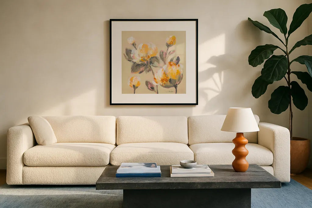 Blooming Peony II by Silvia Vassileva. Displayed in a glass frame with matte in a clean modern living room. Available as an archival giclee rolled canvas, fine art paper, or poster print. SKU 80516a.