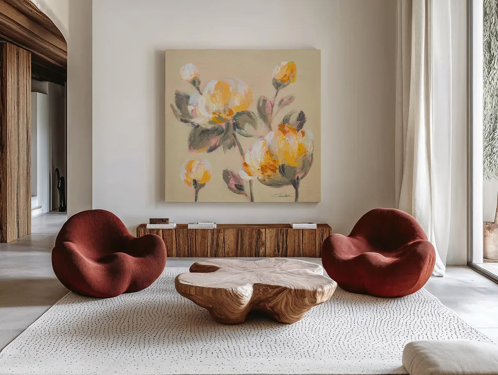 Blooming Peony II by Silvia Vassileva. Shown as extra-large giant wall art in a modern living room. Available as an archival giclee rolled canvas, fine art paper, or poster print. SKU 80516a.
