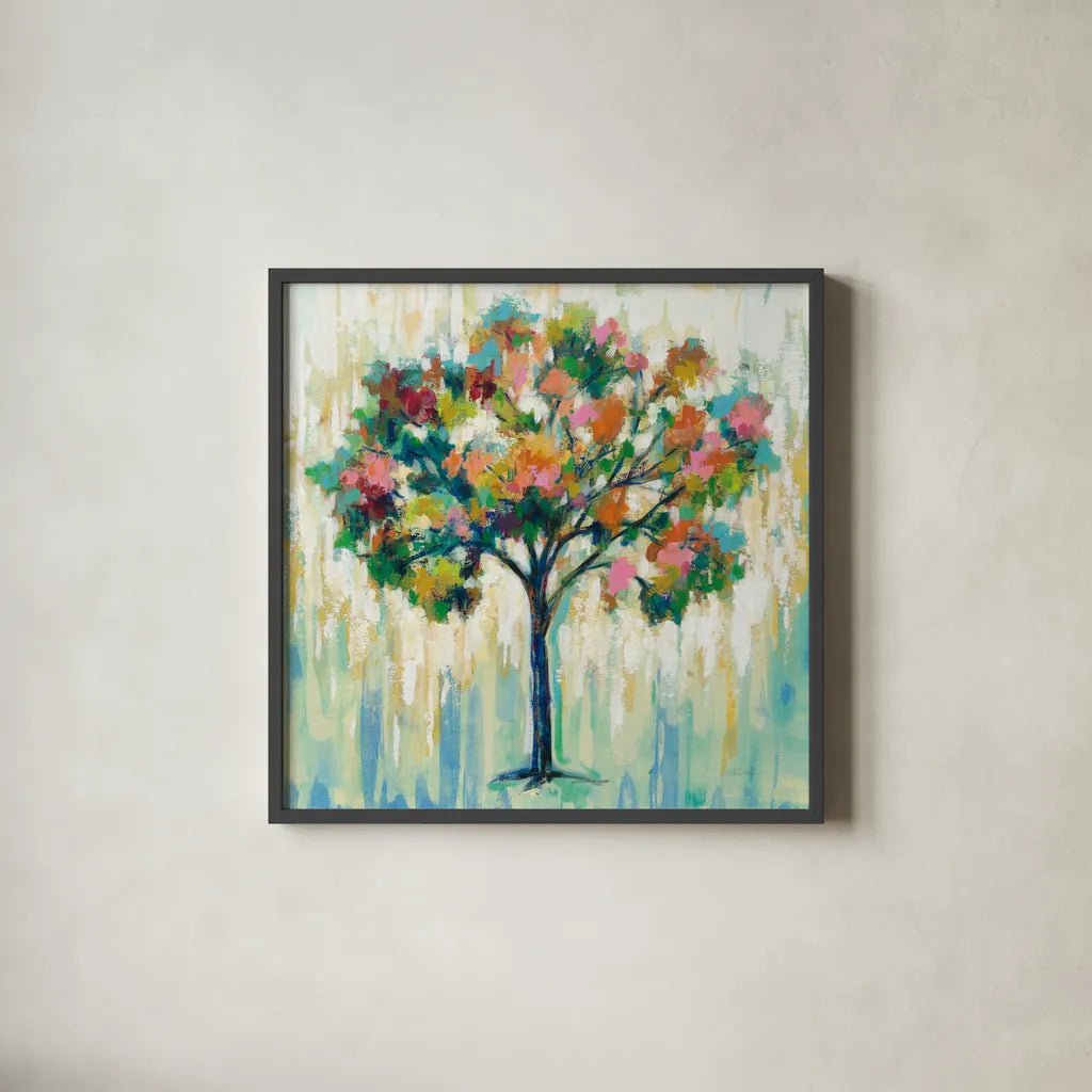 Blooming Tree by Silvia Vassileva. Shown in a sleek black glass frame for a contemporary gallery look. Available as an archival giclee rolled canvas, fine art paper, or poster print. SKU 62963a.