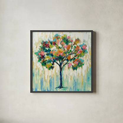 Blooming Tree by Silvia Vassileva. Shown in a sleek black glass frame for a contemporary gallery look. Available as an archival giclee rolled canvas, fine art paper, or poster print. SKU 62963a.