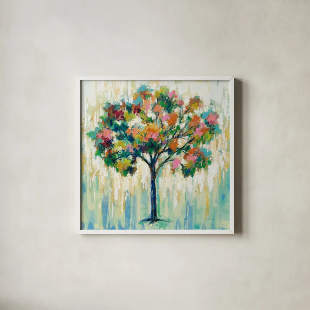 Blooming Tree by Silvia Vassileva. Shown in a crisp white glass frame for a clean and minimalist style. Available as an archival giclee rolled canvas, fine art paper, or poster print. SKU 62963a.