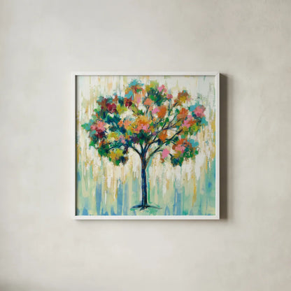 Blooming Tree by Silvia Vassileva. Shown in a crisp white glass frame for a clean and minimalist style. Available as an archival giclee rolled canvas, fine art paper, or poster print. SKU 62963a.