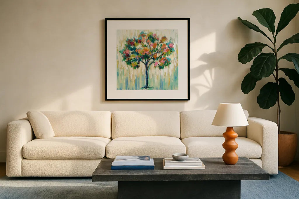 Blooming Tree by Silvia Vassileva. Displayed in a glass frame with matte in a clean modern living room. Available as an archival giclee rolled canvas, fine art paper, or poster print. SKU 62963a.