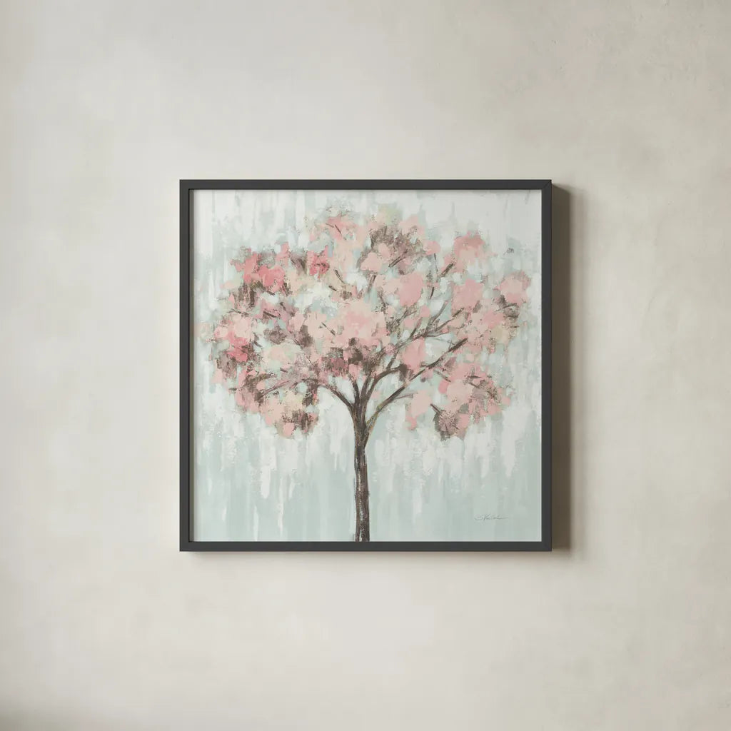 Blooming Tree Blush Crop by Silvia Vassileva. Shown in a sleek black glass frame for a contemporary gallery look. Available as an archival giclee rolled canvas, fine art paper, or poster print. SKU 64594a.