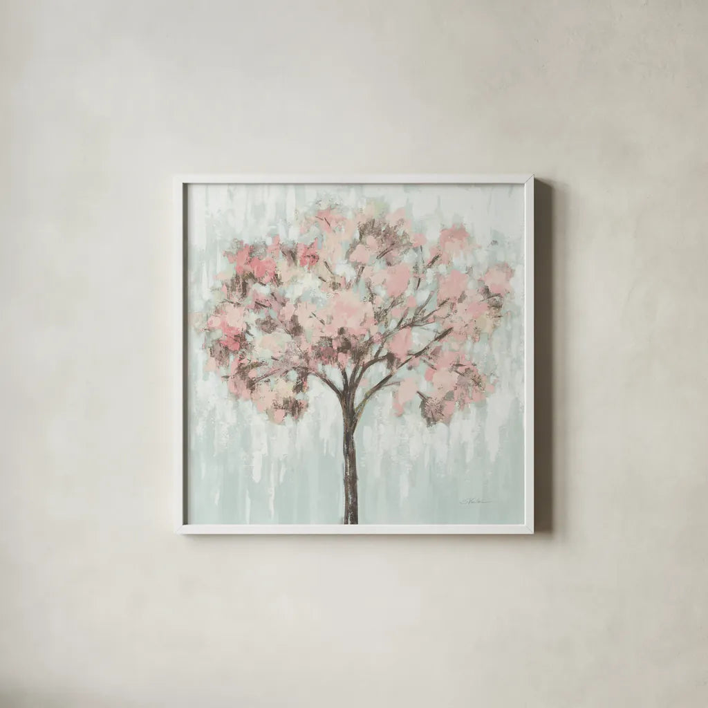 Blooming Tree Blush Crop by Silvia Vassileva. Shown in a crisp white glass frame for a clean and minimalist style. Available as an archival giclee rolled canvas, fine art paper, or poster print. SKU 64594a.