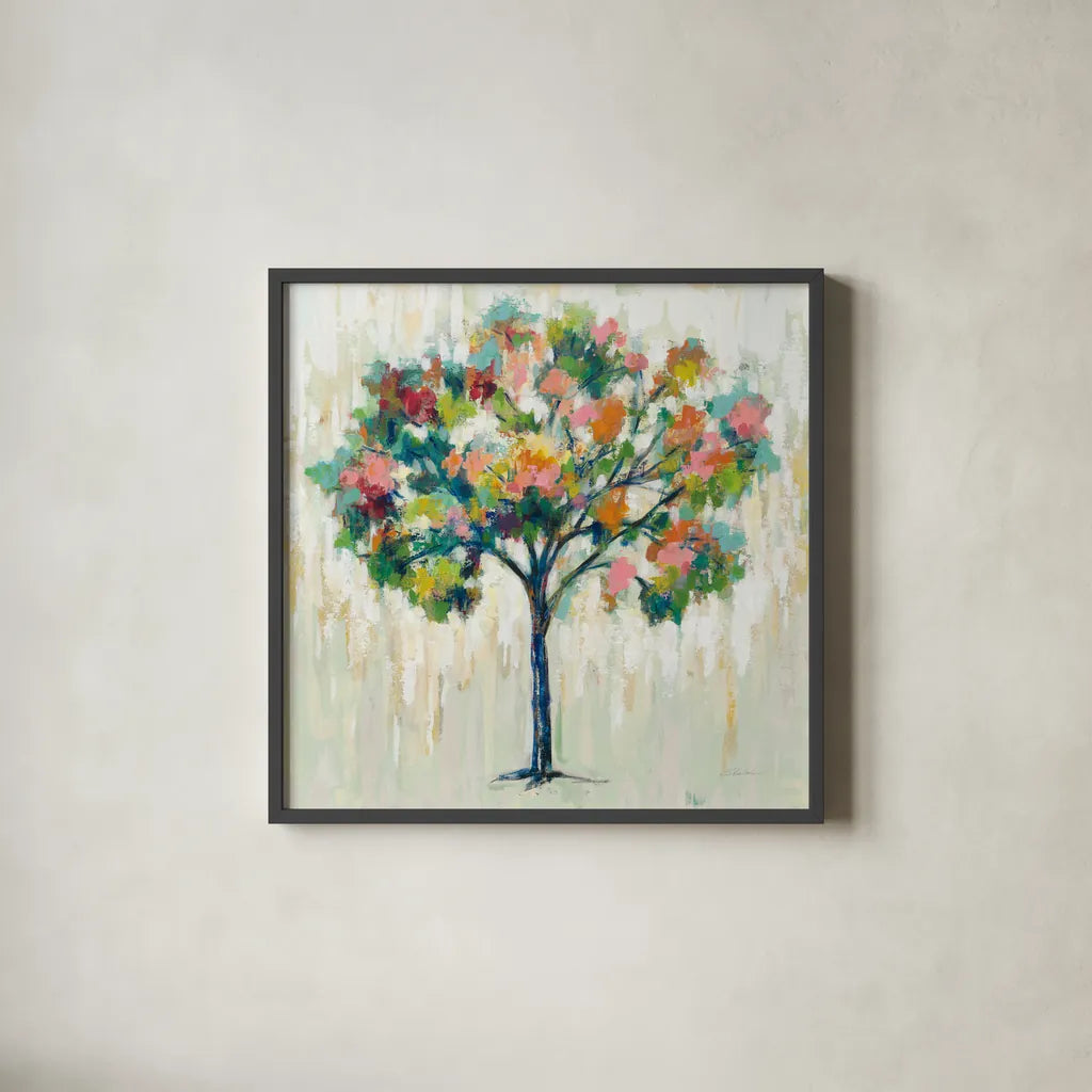 Blooming Tree Neutral by Silvia Vassileva. Shown in a sleek black glass frame for a contemporary gallery look. Available as an archival giclee rolled canvas, fine art paper, or poster print. SKU 63173a.