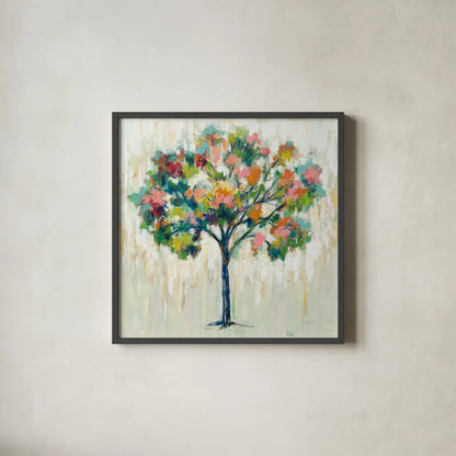 Blooming Tree Neutral by Silvia Vassileva. Shown in a sleek black glass frame for a contemporary gallery look. Available as an archival giclee rolled canvas, fine art paper, or poster print. SKU 63173a.