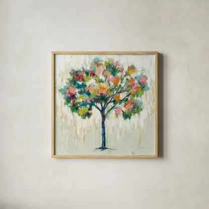 Blooming Tree Neutral by Silvia Vassileva. Shown in a natural wood glass frame for a timeless modern aesthetic. Available as an archival giclee rolled canvas, fine art paper, or poster print. SKU 63173a.