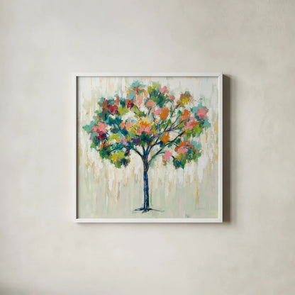 Blooming Tree Neutral by Silvia Vassileva. Shown in a crisp white glass frame for a clean and minimalist style. Available as an archival giclee rolled canvas, fine art paper, or poster print. SKU 63173a.