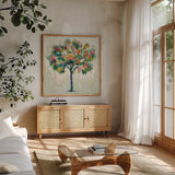 Blooming Tree Neutral by Silvia Vassileva. Shown in a natural wood frame in a cozy modern living room. Available as an archival giclee rolled canvas, fine art paper, or poster print. SKU 63173a.