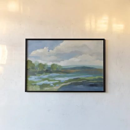 Blue Coastal Flowers by Silvia Vassileva. shown as a paper print in a black flame. Available as a archival giclee rolled canvas, fine art paper, or poster print. SKU 82621i.