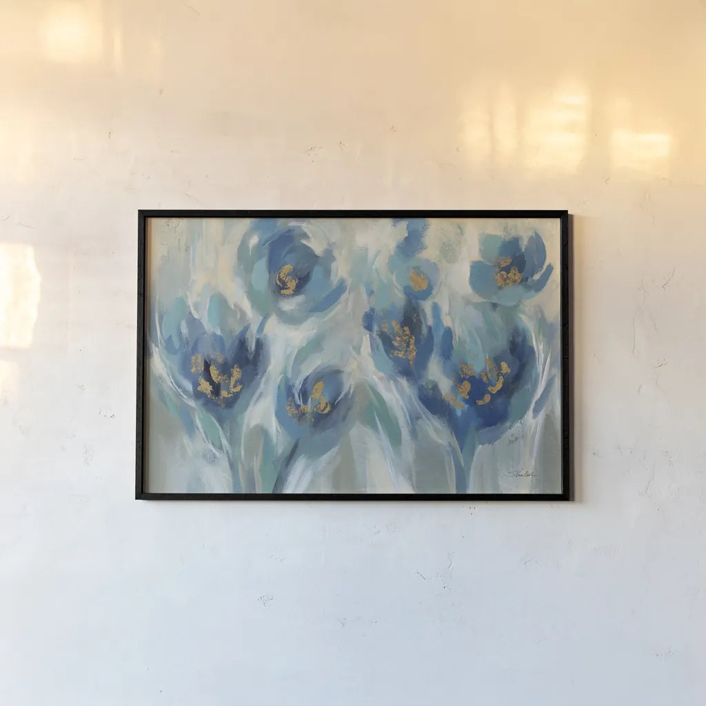 Blue Fairy Tale Floral III by Silvia Vassileva. shown as a paper print in a black flame. Available as a archival giclee rolled canvas, fine art paper, or poster print. SKU 74394i.