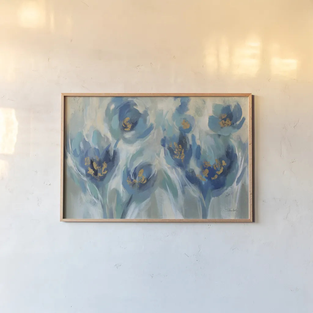 Blue Fairy Tale Floral III by Silvia Vassileva. shown as a paper print in a natural frame. Available as a archival giclee rolled canvas, fine art paper, or poster print. SKU 74394i.