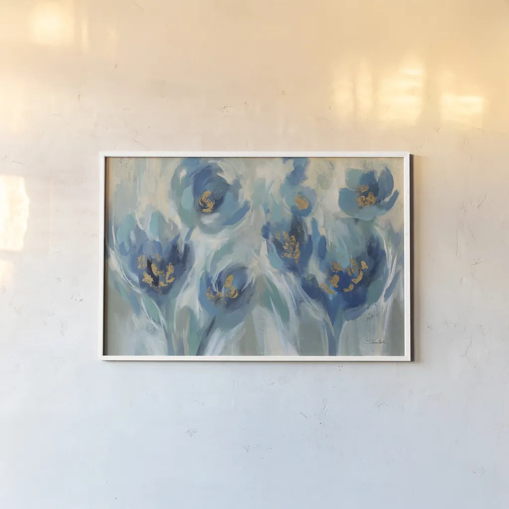 Blue Fairy Tale Floral III by Silvia Vassileva. shown as a paper print in a white frame. Available as a archival giclee rolled canvas, fine art paper, or poster print. SKU 74394i.