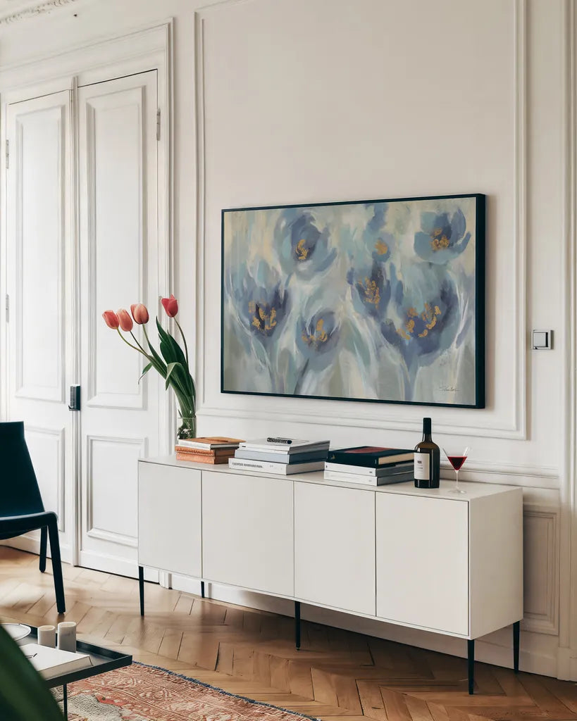 Blue Fairy Tale Floral III Light by Silvia Vassileva. shown as a framed stretched canvas in a living room above a console. Available as a archival giclee rolled canvas, fine art paper, or poster print. SKU 76389i.