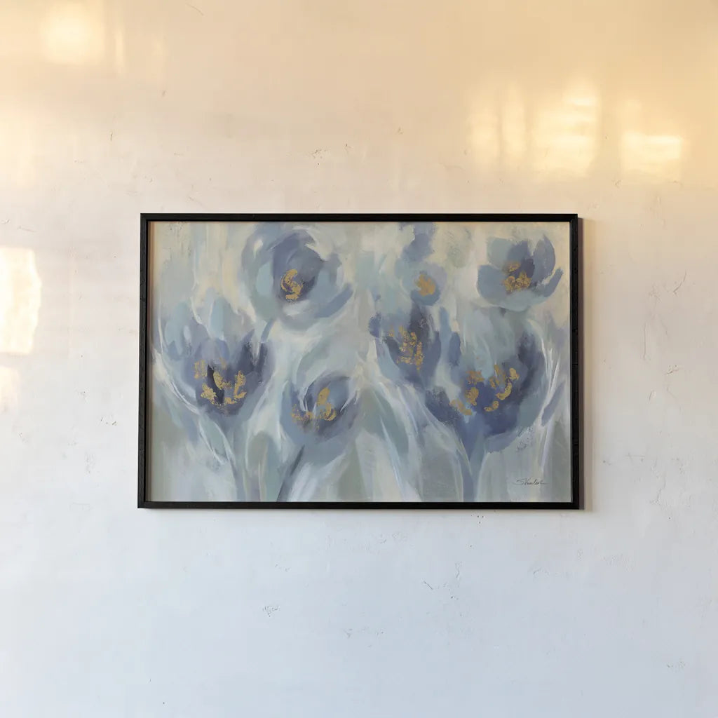 Blue Fairy Tale Floral III Light by Silvia Vassileva. shown as a paper print in a black flame. Available as a archival giclee rolled canvas, fine art paper, or poster print. SKU 76389i.