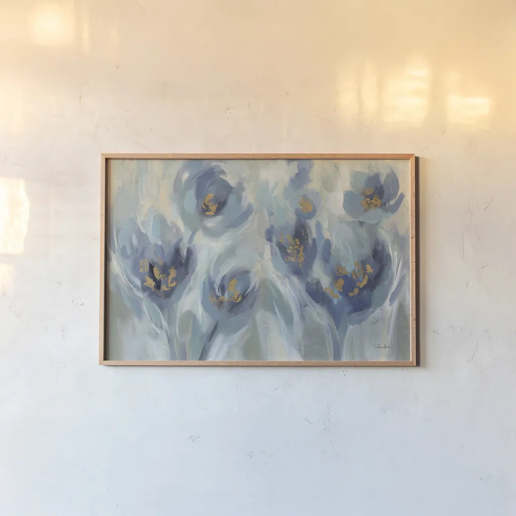 Blue Fairy Tale Floral III Light by Silvia Vassileva. shown as a paper print in a natural frame. Available as a archival giclee rolled canvas, fine art paper, or poster print. SKU 76389i.