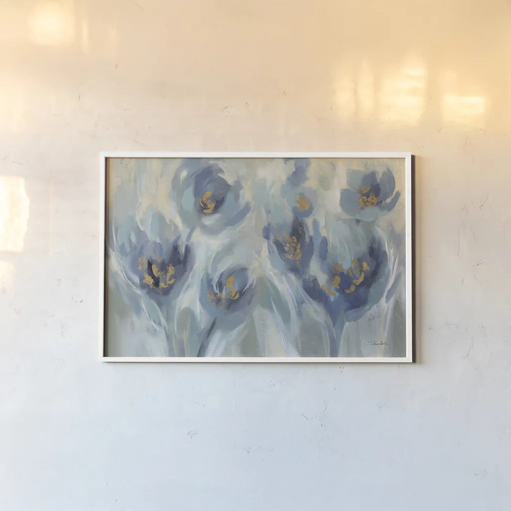 Blue Fairy Tale Floral III Light by Silvia Vassileva. shown as a paper print in a white frame. Available as a archival giclee rolled canvas, fine art paper, or poster print. SKU 76389i.