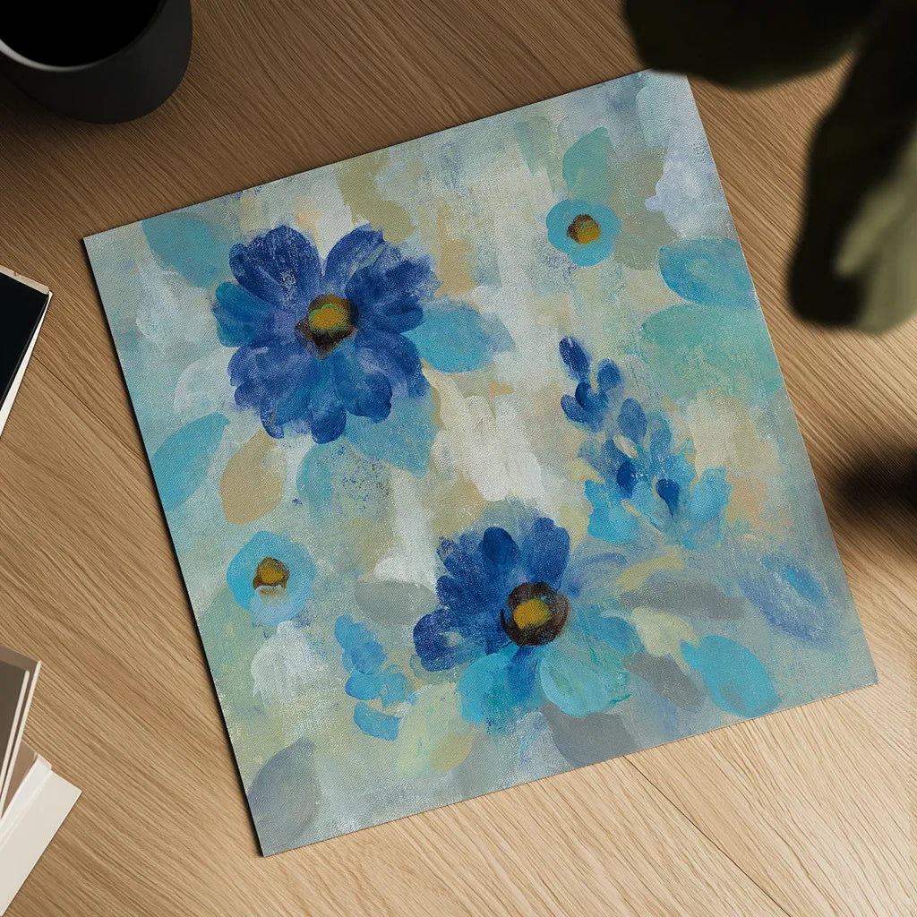 Blue Flowers Whisper II by Silvia Vassileva. Shown as a detailed flat fine art print, highlighting archival giclee quality. Available as an archival giclee rolled canvas, fine art paper, or poster print. SKU 28658a.