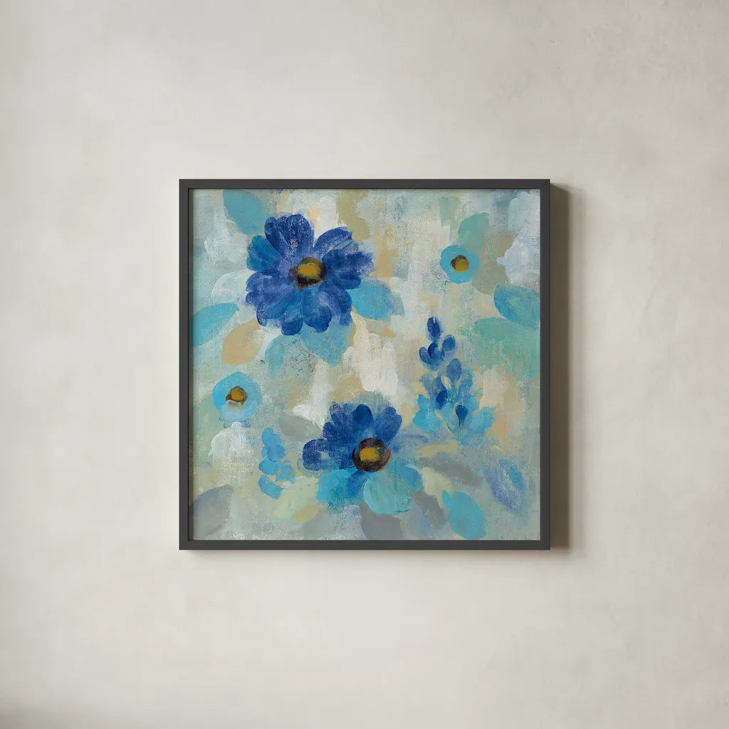Blue Flowers Whisper II by Silvia Vassileva. Shown in a sleek black glass frame for a contemporary gallery look. Available as an archival giclee rolled canvas, fine art paper, or poster print. SKU 28658a.