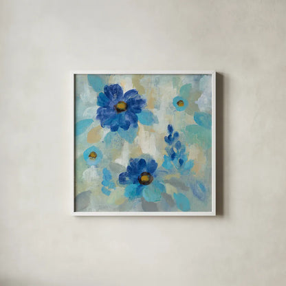 Blue Flowers Whisper II by Silvia Vassileva. Shown in a crisp white glass frame for a clean and minimalist style. Available as an archival giclee rolled canvas, fine art paper, or poster print. SKU 28658a.