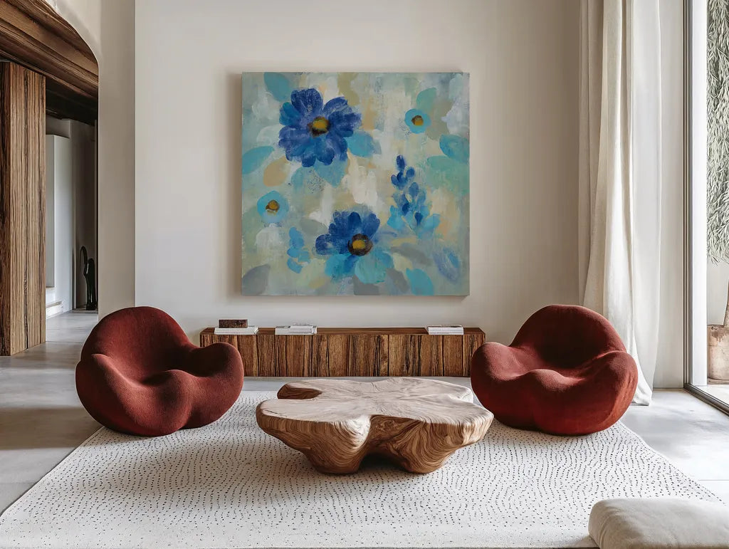 Blue Flowers Whisper II by Silvia Vassileva. Shown as extra-large giant wall art in a modern living room. Available as an archival giclee rolled canvas, fine art paper, or poster print. SKU 28658a.
