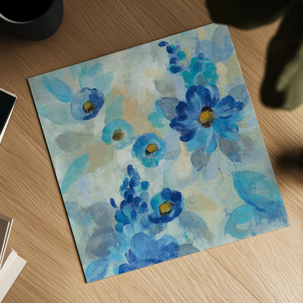 Blue Flowers Whisper III by Silvia Vassileva. Shown as a detailed flat fine art print, highlighting archival giclee quality. Available as an archival giclee rolled canvas, fine art paper, or poster print. SKU 28659a.