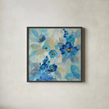 Blue Flowers Whisper III by Silvia Vassileva. Shown in a sleek black glass frame for a contemporary gallery look. Available as an archival giclee rolled canvas, fine art paper, or poster print. SKU 28659a.