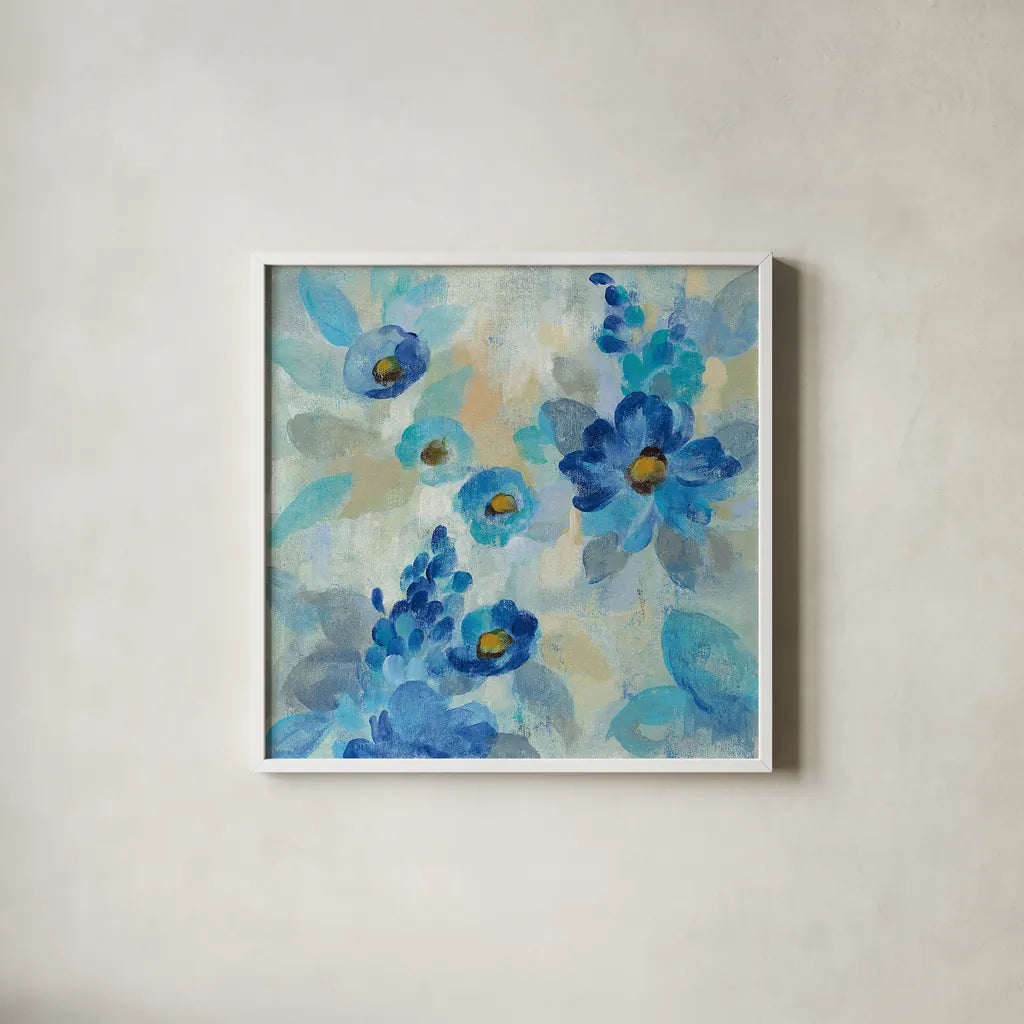 Blue Flowers Whisper III by Silvia Vassileva. Shown in a crisp white glass frame for a clean and minimalist style. Available as an archival giclee rolled canvas, fine art paper, or poster print. SKU 28659a.