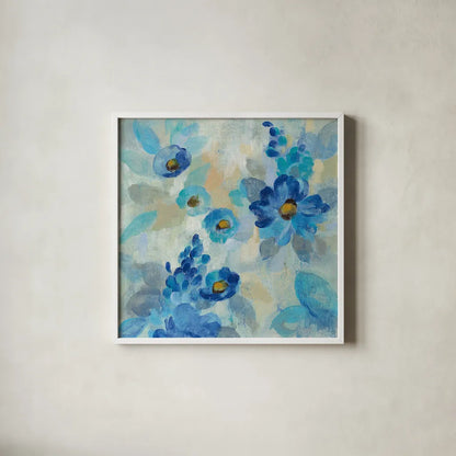 Blue Flowers Whisper III by Silvia Vassileva. Shown in a crisp white glass frame for a clean and minimalist style. Available as an archival giclee rolled canvas, fine art paper, or poster print. SKU 28659a.