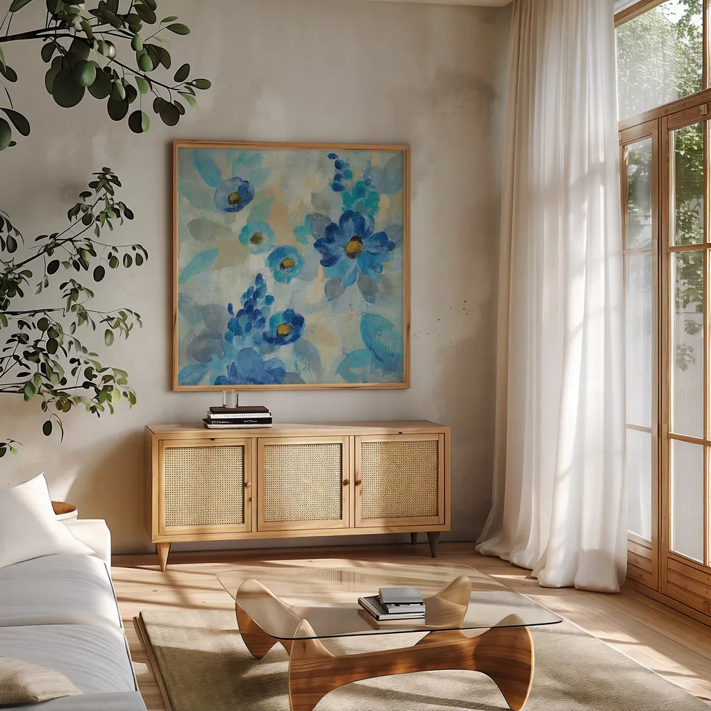 Blue Flowers Whisper III by Silvia Vassileva. Shown in a natural wood frame in a cozy modern living room. Available as an archival giclee rolled canvas, fine art paper, or poster print. SKU 28659a.