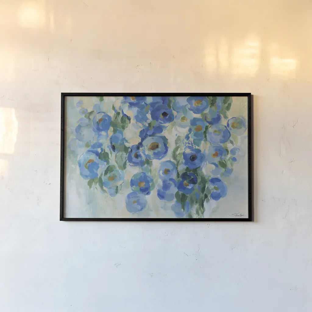 Blue Garden by Silvia Vassileva. shown as a paper print in a black flame. Available as a archival giclee rolled canvas, fine art paper, or poster print. SKU 97920i.