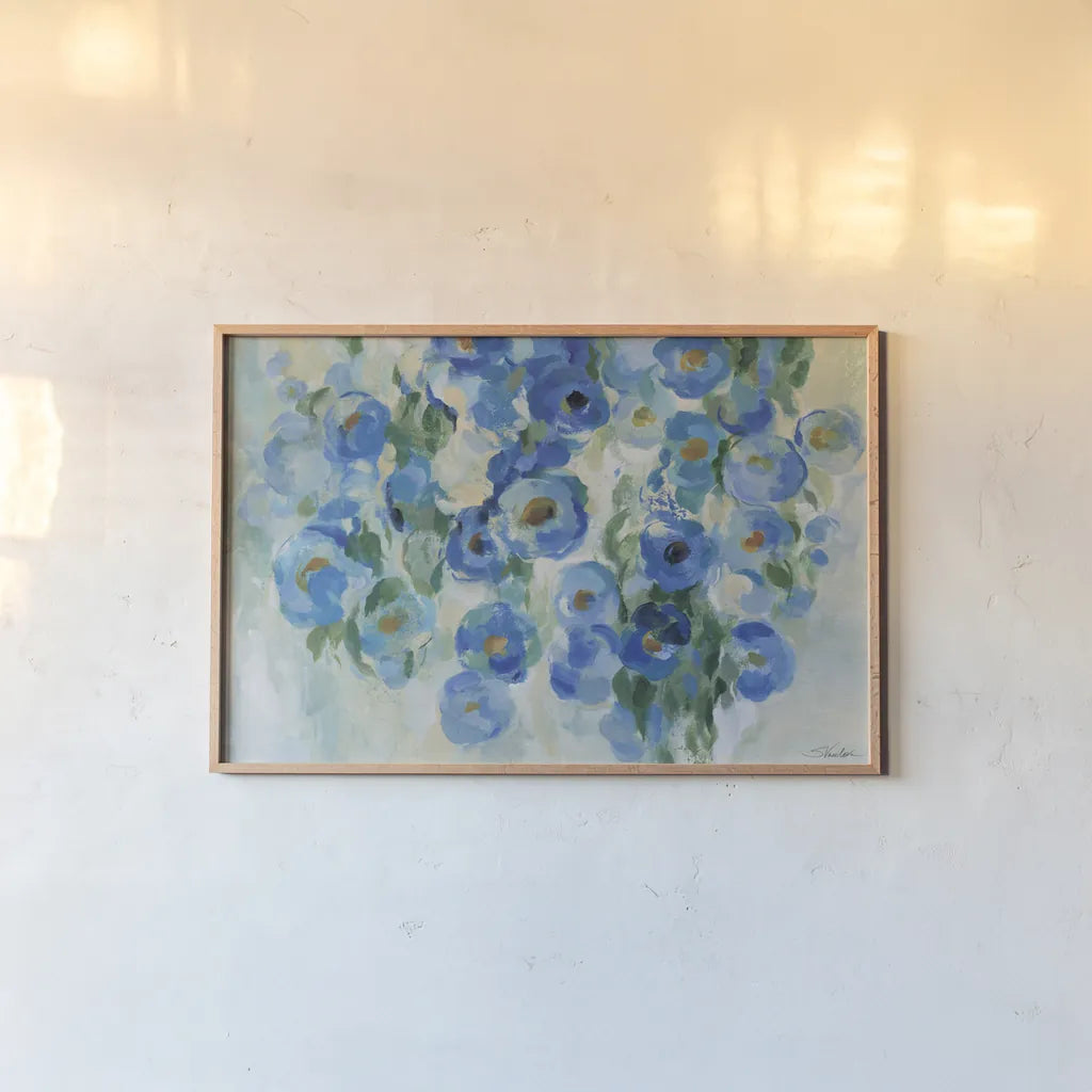 Blue Garden by Silvia Vassileva. shown as a paper print in a natural frame. Available as a archival giclee rolled canvas, fine art paper, or poster print. SKU 97920i.