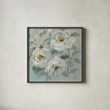 Blue Gray Floral by Silvia Vassileva. Shown in a sleek black glass frame for a contemporary gallery look. Available as an archival giclee rolled canvas, fine art paper, or poster print. SKU 70147a.