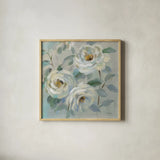 Blue Gray Floral by Silvia Vassileva. Shown in a natural wood glass frame for a timeless modern aesthetic. Available as an archival giclee rolled canvas, fine art paper, or poster print. SKU 70147a.
