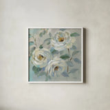 Blue Gray Floral by Silvia Vassileva. Shown in a crisp white glass frame for a clean and minimalist style. Available as an archival giclee rolled canvas, fine art paper, or poster print. SKU 70147a.