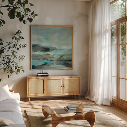 Blue Lagoon by Silvia Vassileva. Shown in a natural wood frame in a cozy modern living room. Available as an archival giclee rolled canvas, fine art paper, or poster print. SKU 57257a.